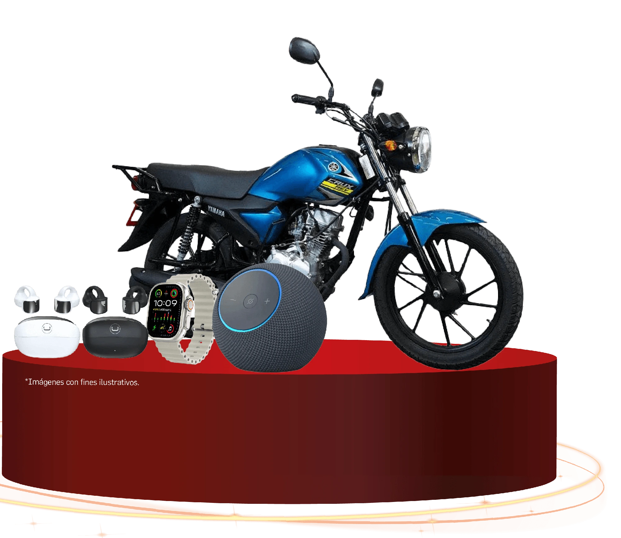 Premios ilustrativos: motocicleta, audífonos, reloj inteligente y parlante